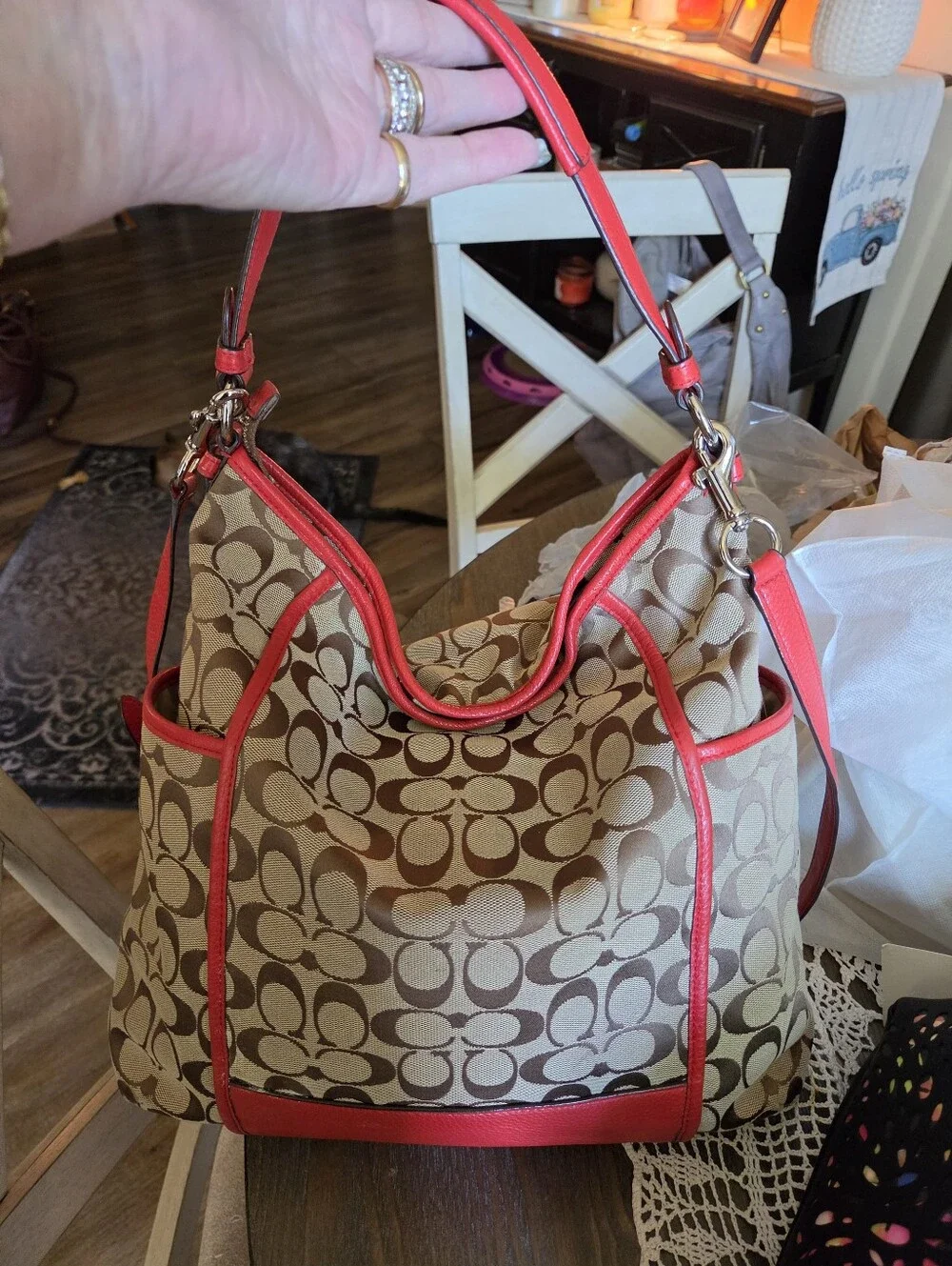 Coach Khaki Signature Canvas Hobo with Red Leather Trim 
